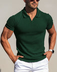 Men's solid knitted polo shirt, green, short sleeves, ribbed knit