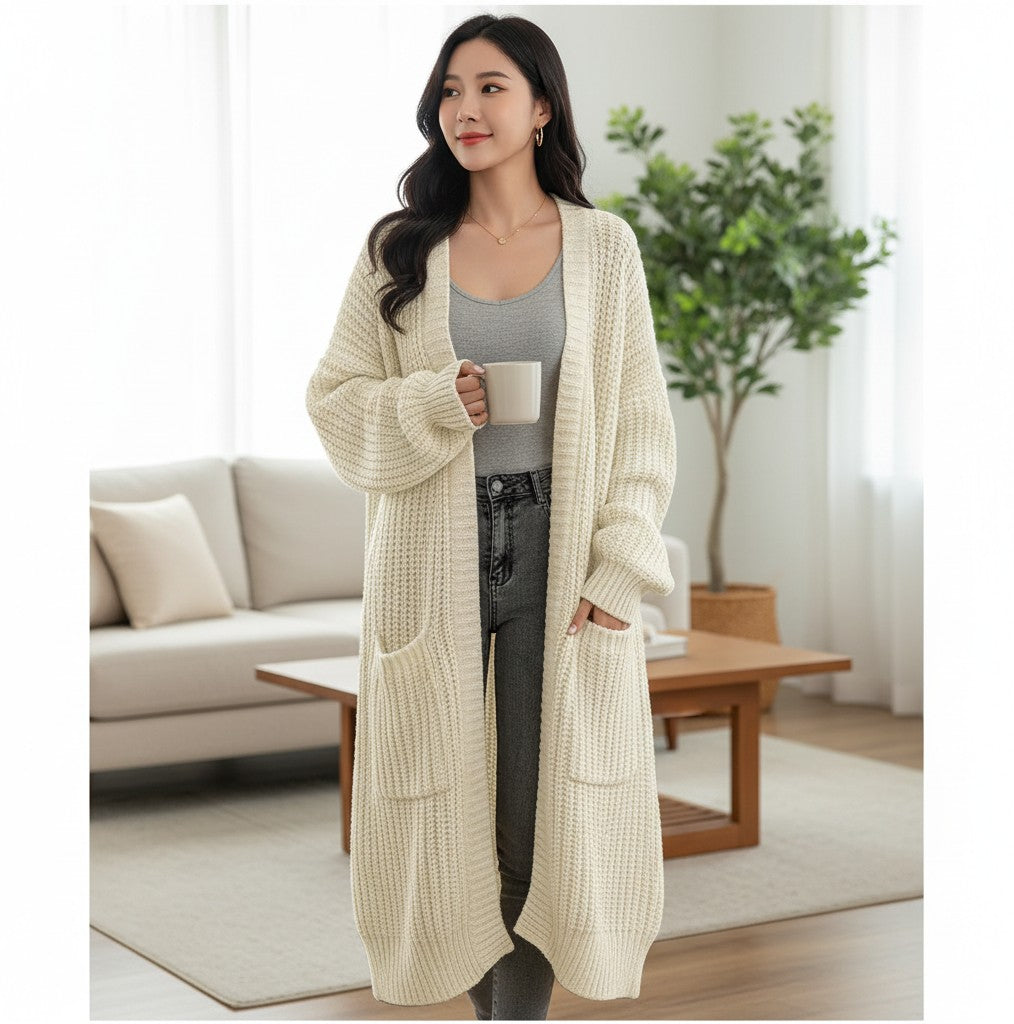 Women's long knitted cardigan, cream, open-front with two patch pockets and ribbed trim