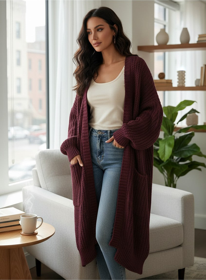 Women's long knitted cardigan, wine color, open-front with patch pockets and textured knit