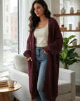 Women's long knitted cardigan, wine color, open-front with patch pockets and textured knit