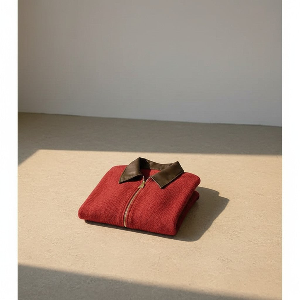 Cropped red knit cardigan with leather-like collar, centered zipper, ribbed cuffs
