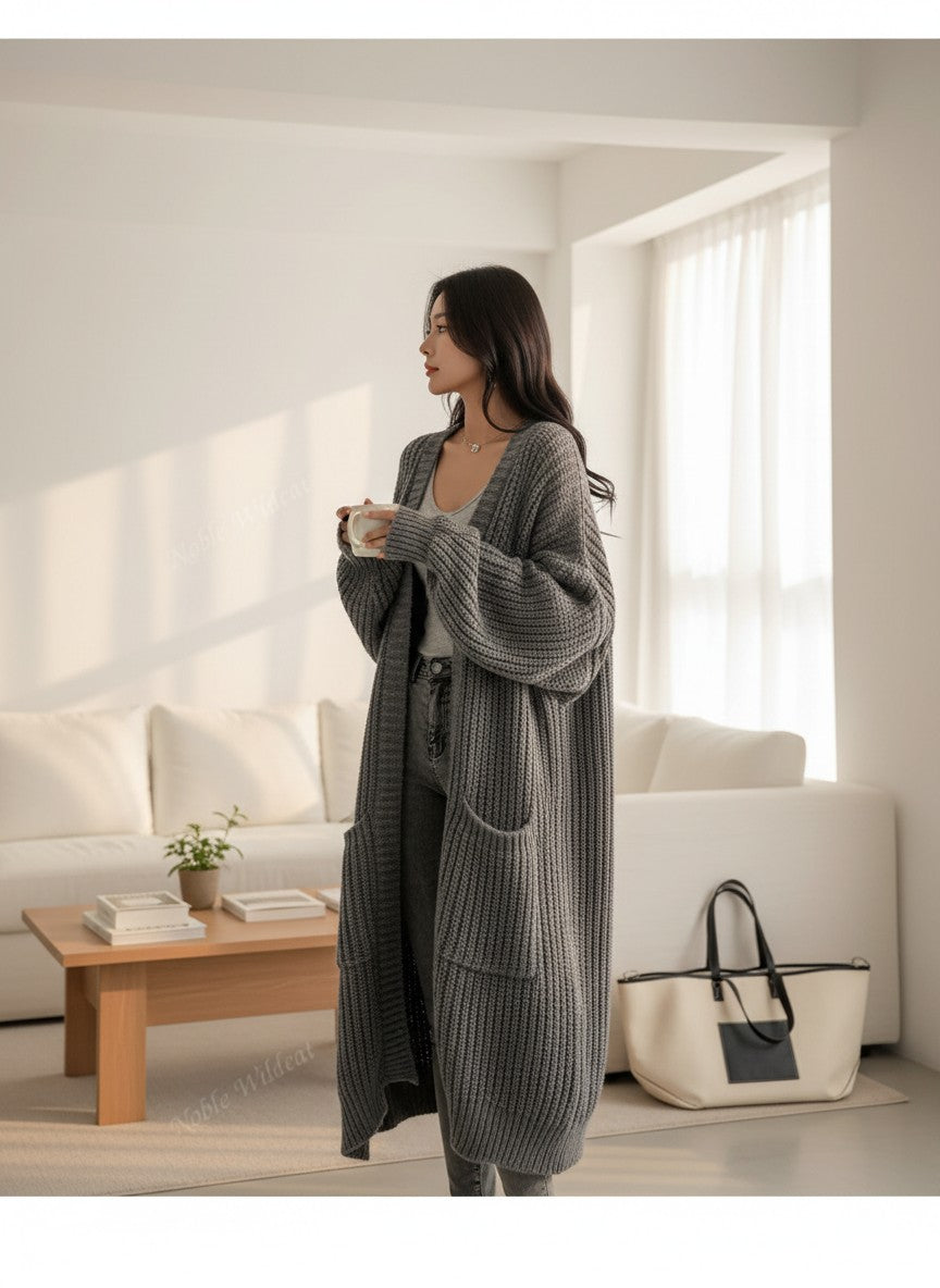 Women's long knitted cardigan, dark gray, open front with patch pockets and drop shoulders