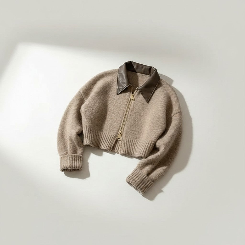Cropped beige knit cardigan with dark collared neckline, zip front, ribbed hem cuffs