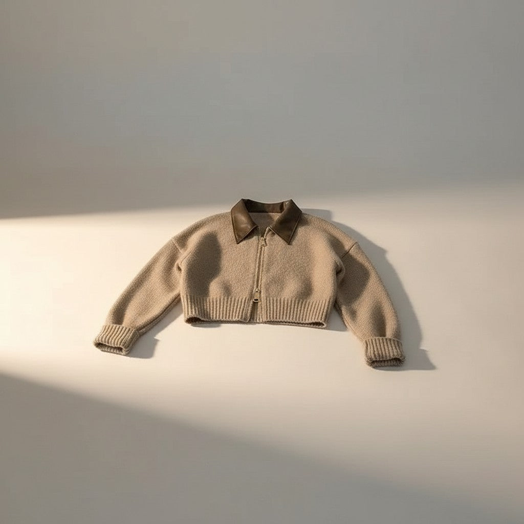 Cropped beige cardigan with leather-like turn-down collar and full-zip front