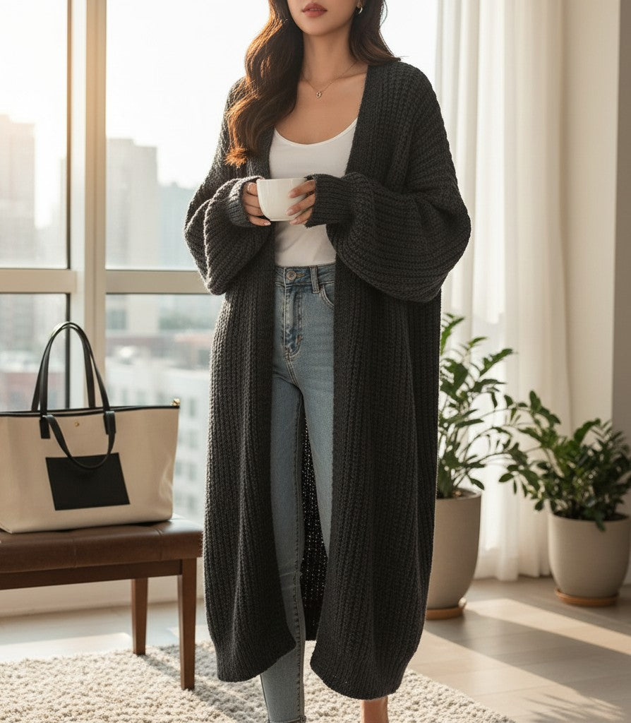 Women's long knitted cardigan, black, open-front with patch pockets and ribbed cuff details