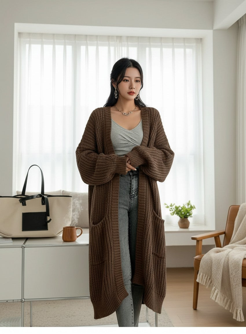 Women's long knitted cardigan, dark brown, open-front with patch pockets and long sleeves