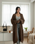 Women's long knitted cardigan, dark brown, open-front with patch pockets and long sleeves