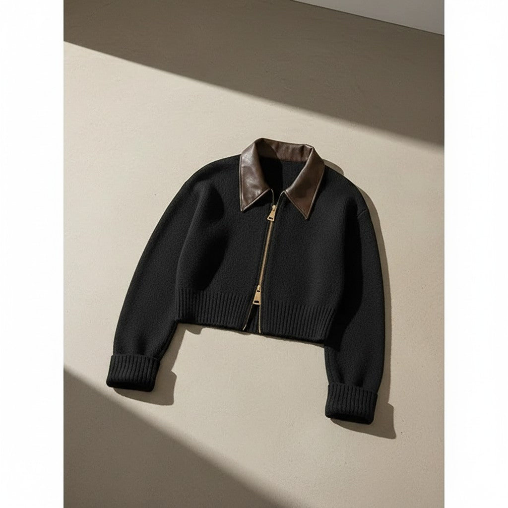 Cropped black knit cardigan with leather-like pointed collar, gold zip, ribbed cuffs