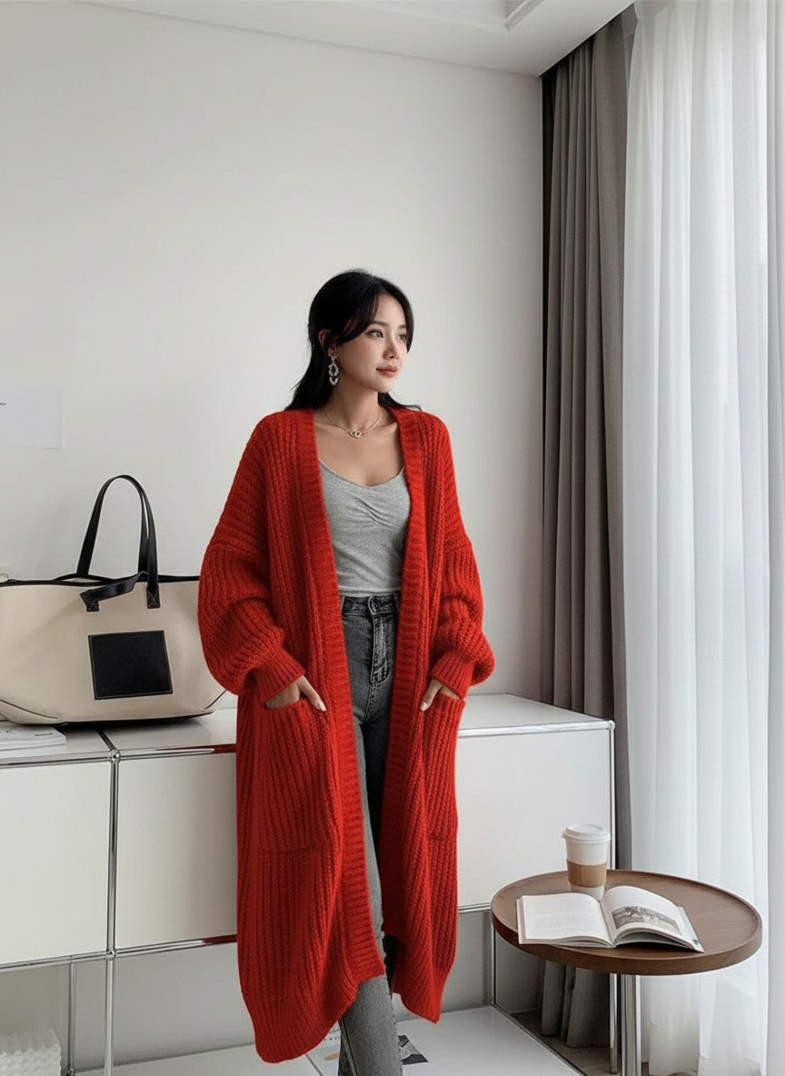 Women's long knitted cardigan, bright red, open front with patch pockets and wide cuffs