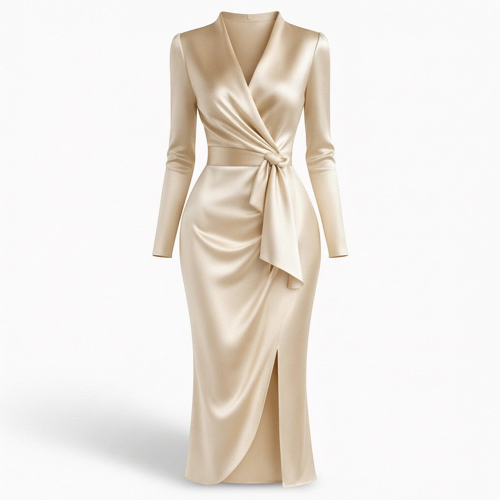 Women's Luxurious Satin Midi Dress | Elegant Wrap Style with V-Neckline 11
