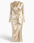 Beige satin midi wrap dress with V-neck, long sleeves and side tie waist