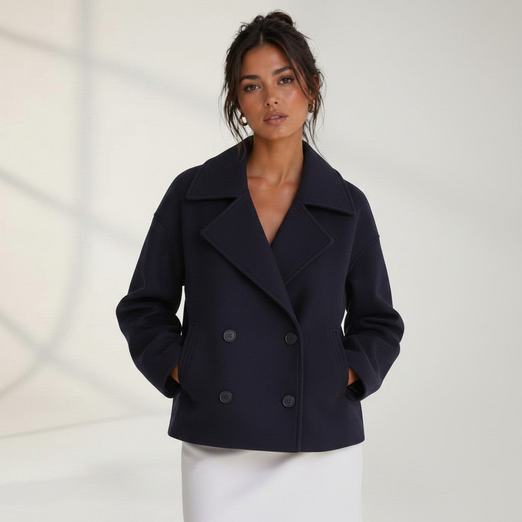 Navy double-breasted casual jacket with notch lapels and horn-style buttons