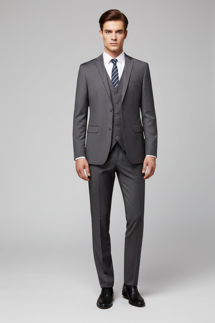 Men's 3-piece suit with notch lapel blazer and vest, grey, front view
