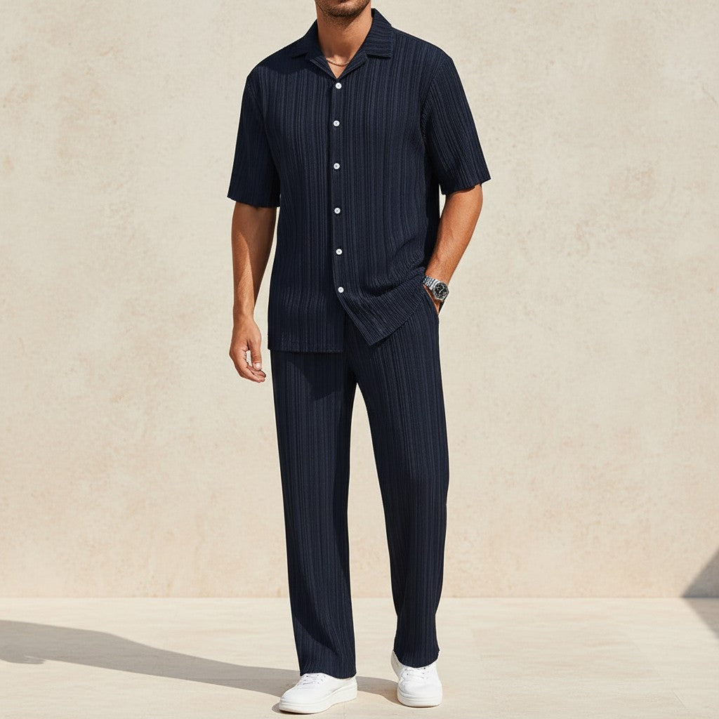 Navy striped short-sleeve cardigan and matching trousers set