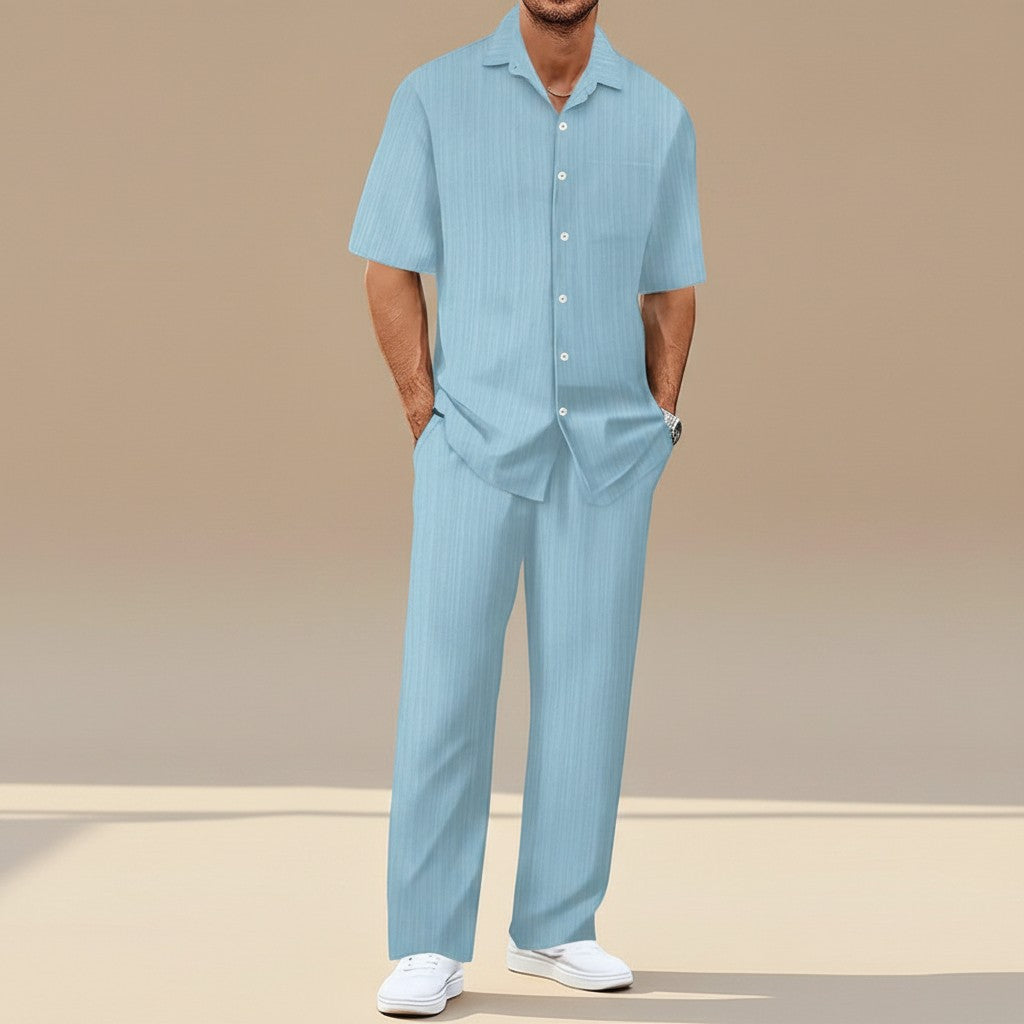 Light blue striped short-sleeve cardigan and matching trousers set