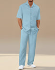 Light blue striped short-sleeve cardigan and matching trousers set