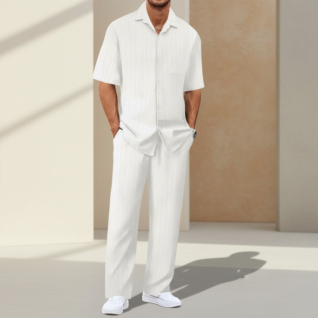 White striped short-sleeve cardigan and matching trousers set