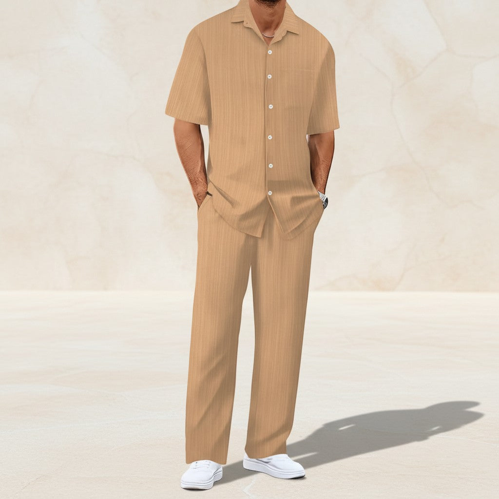 Beige striped short-sleeve cardigan and matching trousers set