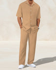Beige striped short-sleeve cardigan and matching trousers set