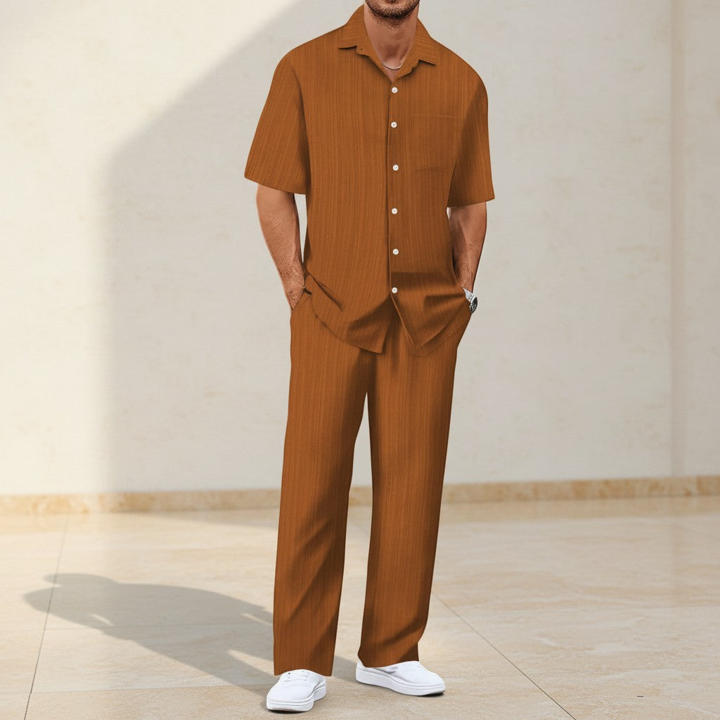 Brown striped short-sleeve cardigan and matching trousers set
