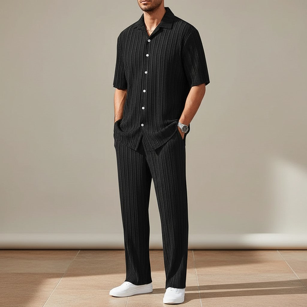 Black striped short-sleeve cardigan and matching trousers set