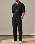 Black striped short-sleeve cardigan and matching trousers set