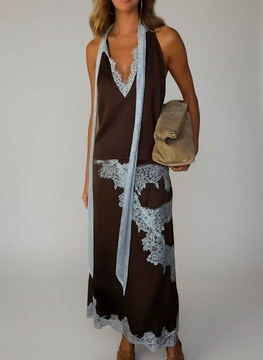 Sleeveless lace patchwork maxi skirt set, dark brown with light blue lace hem and trim