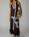 Sleeveless lace patchwork maxi skirt set, dark brown with light blue lace hem and trim