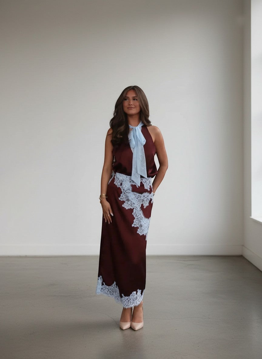 Long lace patchwork skirt with matching halter crop top, dark brown and light blue lace