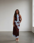Long lace patchwork skirt with matching halter crop top, dark brown and light blue lace