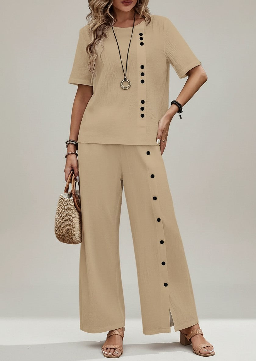 Women's beige set: short-sleeve top with buttons, wide-leg trousers with front buttons