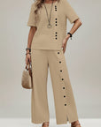 Women's beige set: short-sleeve top with buttons, wide-leg trousers with front buttons