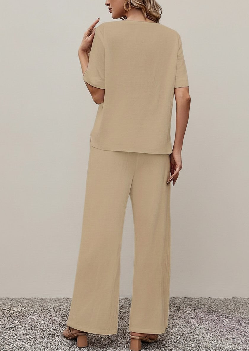 Women's beige set, back view: short-sleeve top and wide-leg trousers