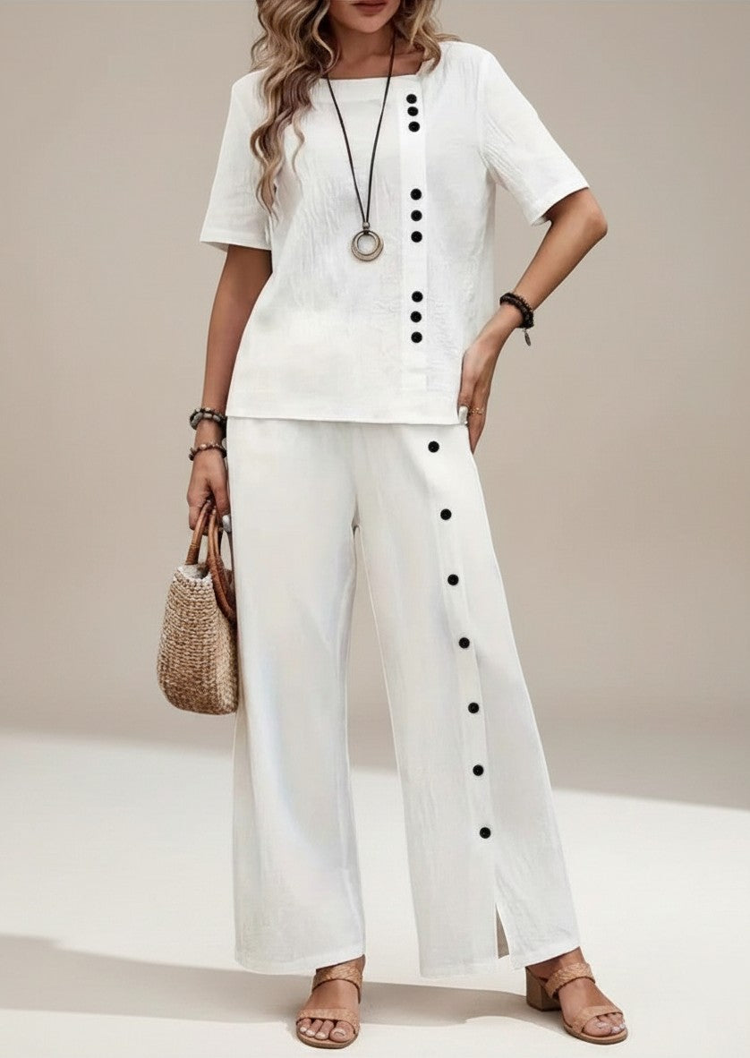 Women's white set: short-sleeve button-front top and wide-leg trousers with front buttons