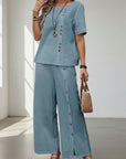 Women's blue set: short-sleeve top with buttons, plus wide-leg trousers w/ front buttons