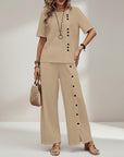 Women's beige set: short-sleeve button-front top and wide-leg trousers with front buttons