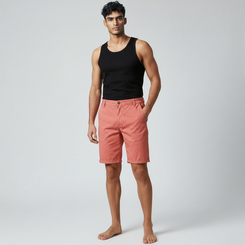 Men's chino shorts in pink, relaxed fit, button fly, belt loops, knee-length