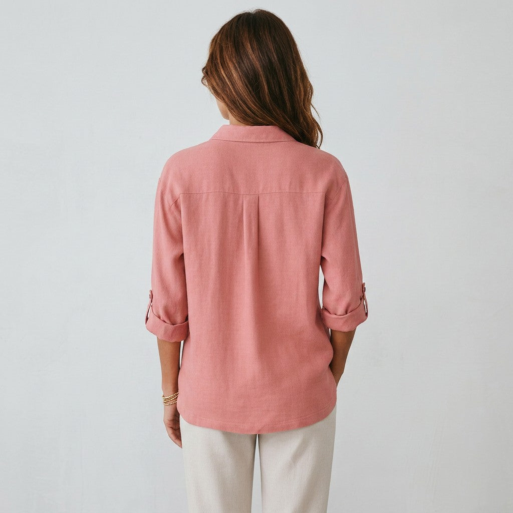 Pink linen-cotton blend button-up shirt, back view, three-quarter sleeves