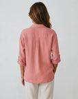 Pink linen-cotton blend button-up shirt, back view, three-quarter sleeves