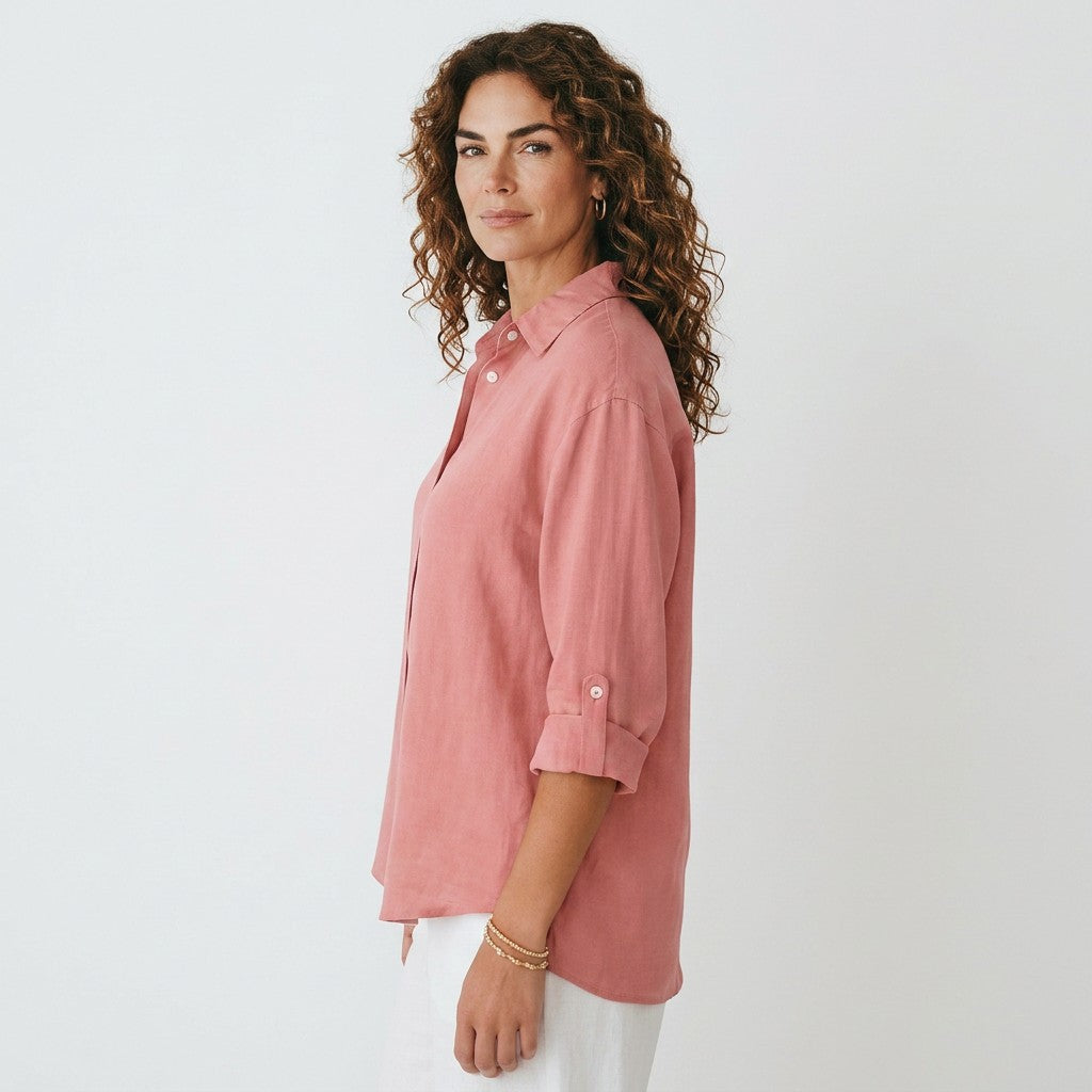 Pink linen-cotton blend button-up shirt with rolled three-quarter sleeves