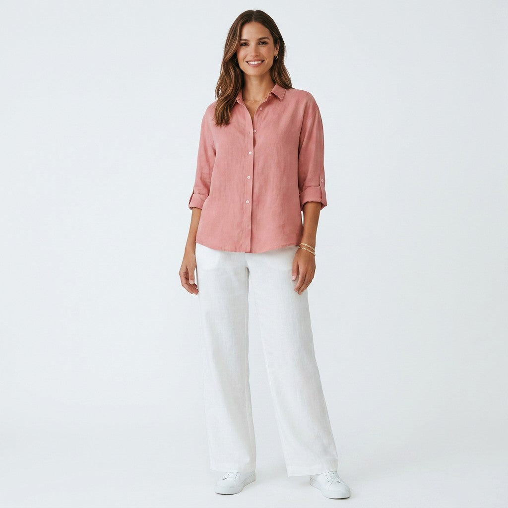 Pink linen-cotton blend button-up shirt with split collar and rolled sleeves