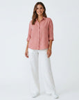 Pink linen-cotton blend button-up shirt with split collar and rolled sleeves