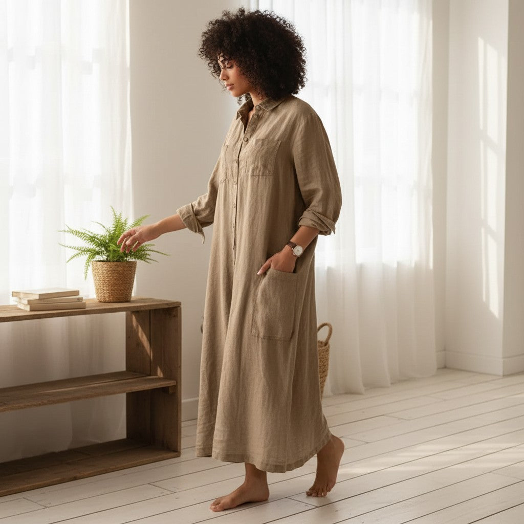 Women’s beige oversized cotton-linen jumpsuit with button front and long sleeves