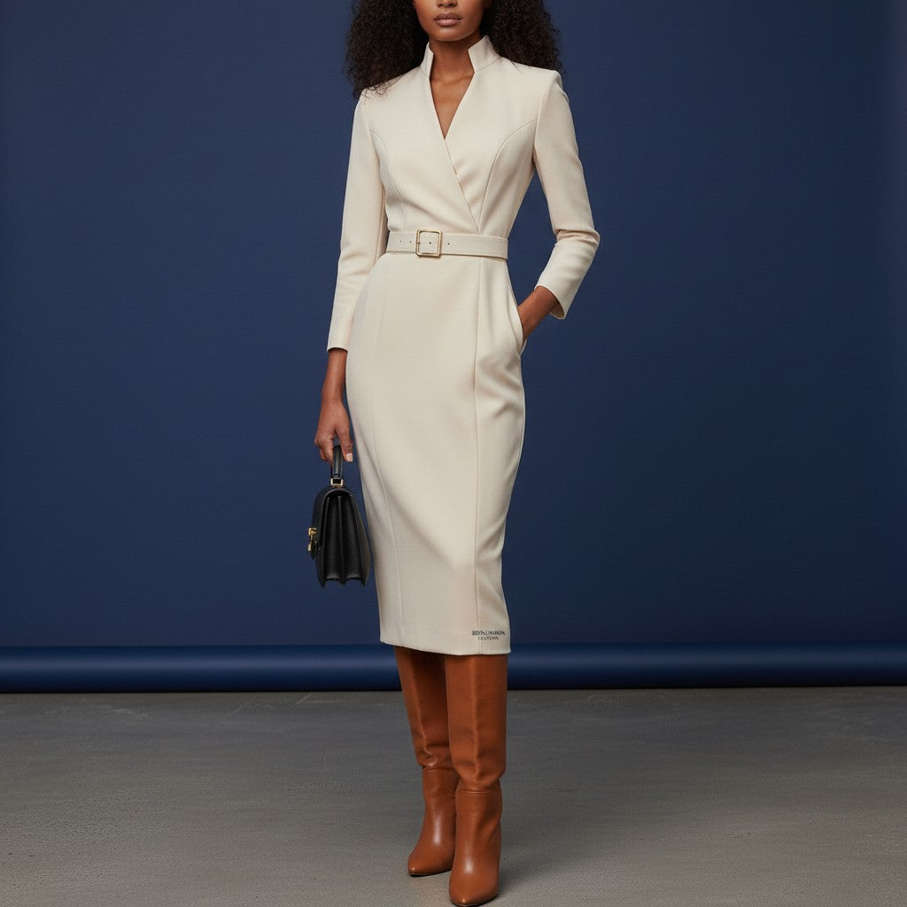 Women's cocktail dress, V-neck, long sleeves, fitted with waist belt, light beige