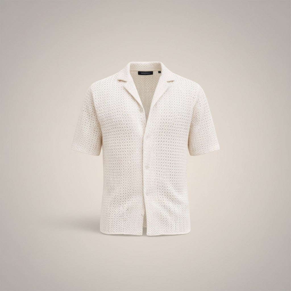Men's cream knit short-sleeve button-up shirt, open collar, textured weave