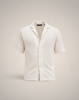 Men's cream knit short-sleeve button-up shirt, open collar, textured weave