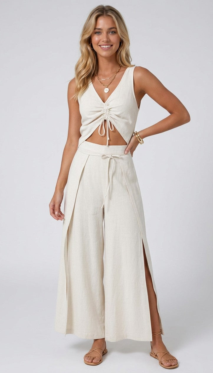 Cropped linen-blend tank top with V-neck ruched tie front and sleeveless cut, light cream