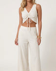 Cropped linen-blend tank top with V-neck ruched tie front, drawstring hem, sleeveless cream