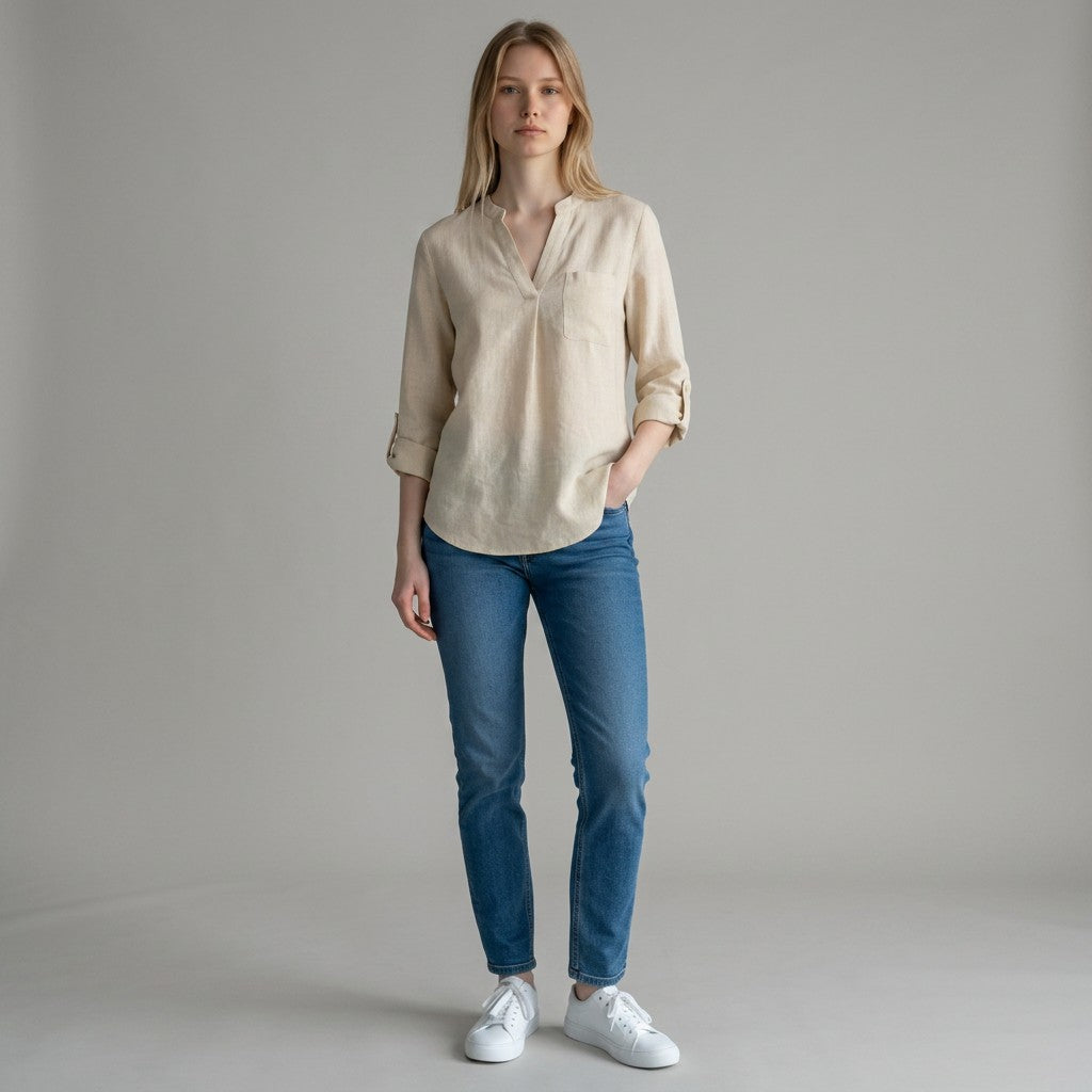 Light beige linen blouse with V-neck and partial button placket, rolled three-quarter sleeves.