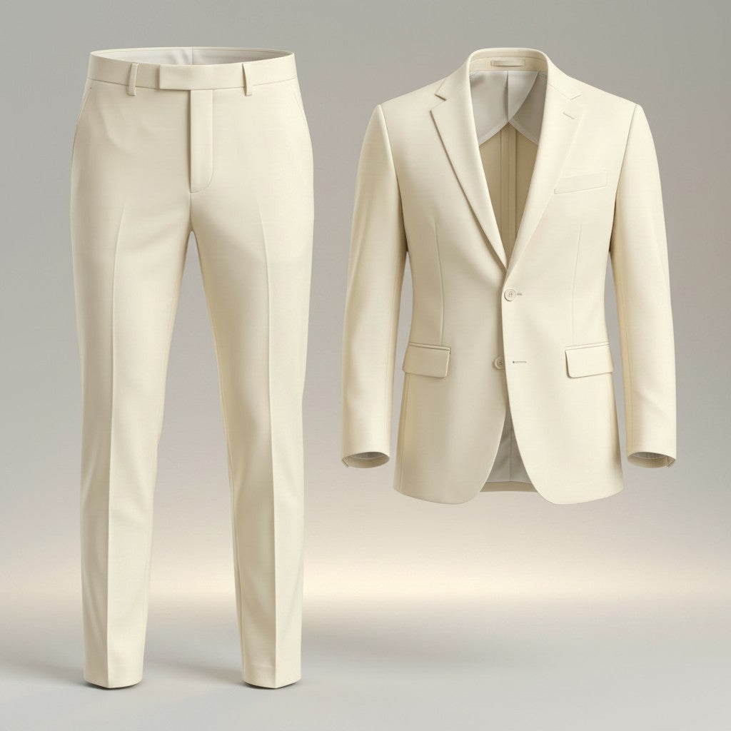 Cream tailored suit set with straight-leg trousers and single-breasted blazer